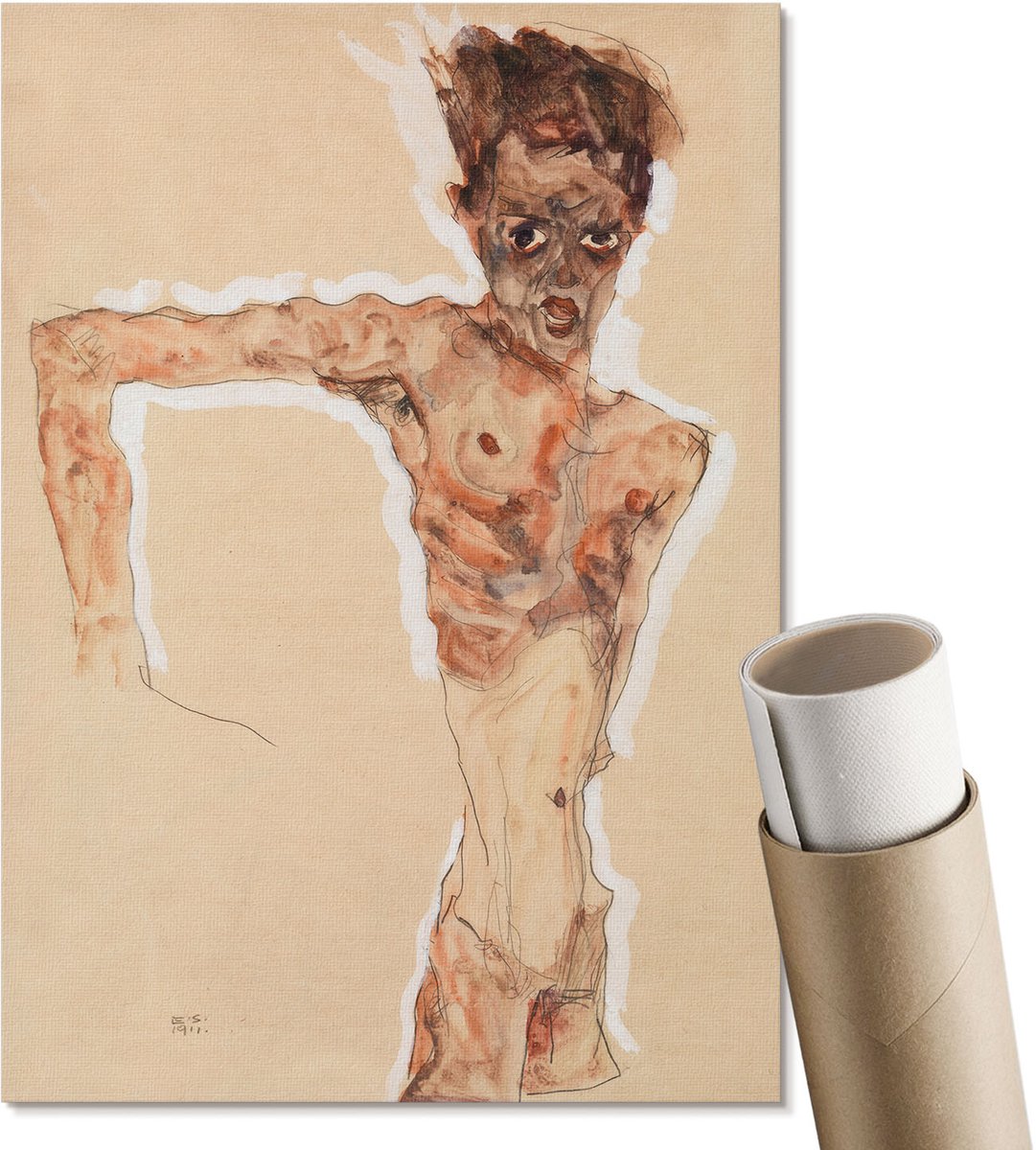 Coloray Polycanvas Wandposter - Naakte Man, Schilderen - A4 - Beige Design - Rechthoek - Muurkunst - Woonkamer, Slaapkamer, Kantoor - Rustiek