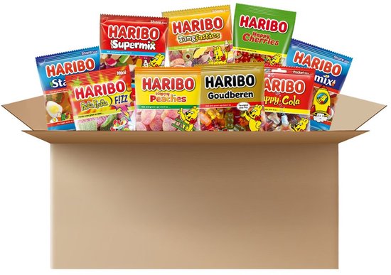 Open bruine kartonnen doos met tien Haribo snoepzakjes: Supermix, Tangfastics, Happy Cherries, Star Mix, Mini Fizz, Peaches, Goudberen, Happy Cola, en Speelgoedzakjes.