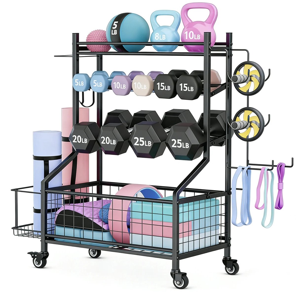 CINK & Co Halterrek met 4 Niveaus - Verrijdbaar Fitnessrek - Voor Halters, Yogamatten en Fitnessaccessoires - Zwart