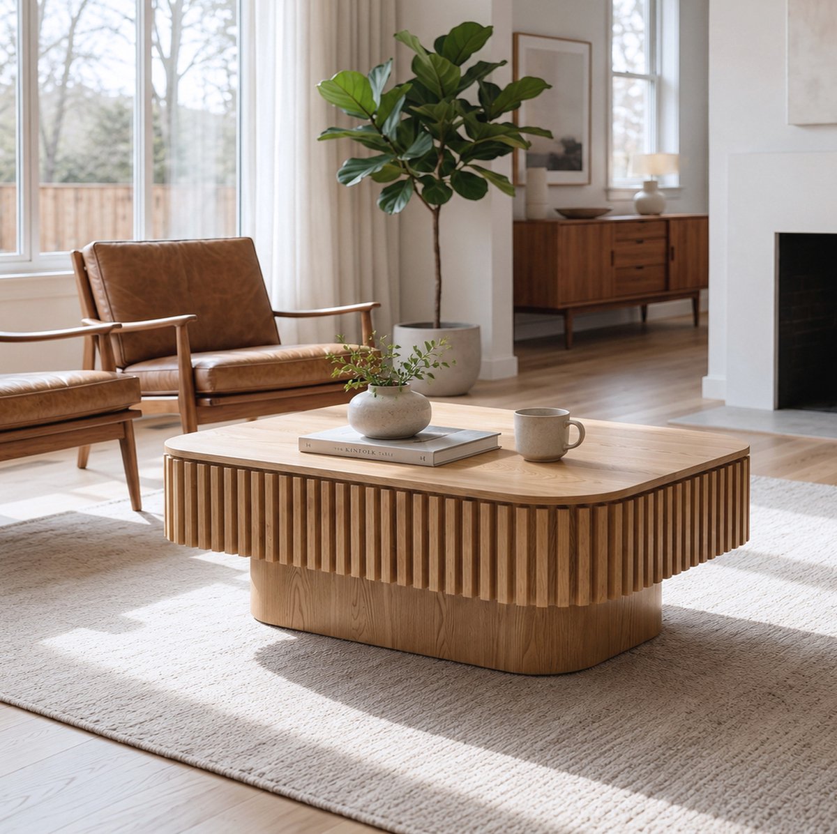 FloraGrace Salontafel - Gegroefd Design Met Verborgen Opbergruimte - Voor Woonkamer, Slaapkamer En Kantoor - Hout En MDF - Naturel - 98x60x35 Cm Natural Wood