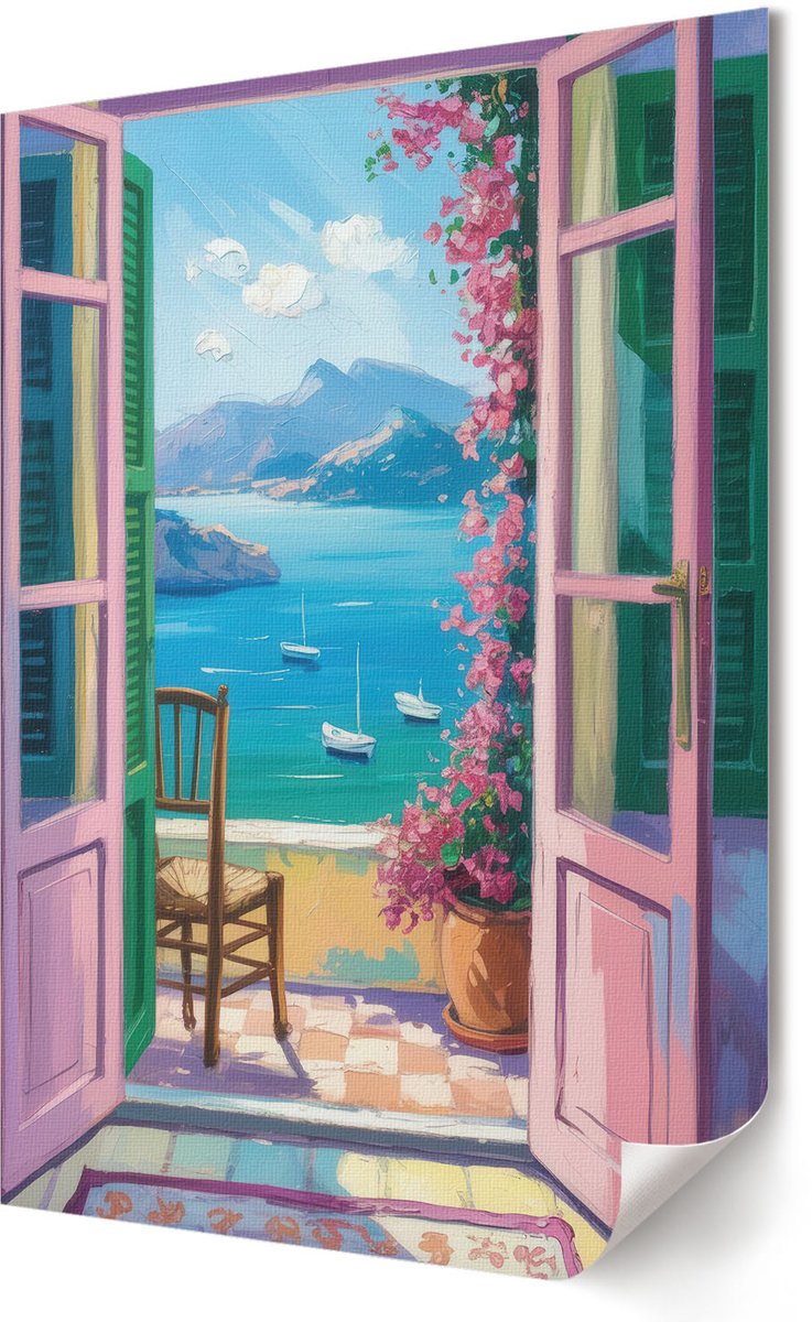 Coloray Canvas Poster Polycanvas - Deuren Naar Het Balkon, Schilderen - 420 x 594 - Blauw Patroon - Rechthoek - Decoratieve poster - Woonkamer, Slaapkamer, Kantoor - Romantisch