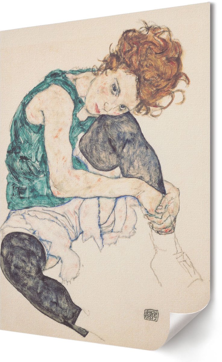 Coloray Polycanvas Wandposter - Zittende Vrouw, Schilderen - 420 x 594 - Wit Wanddecoratie - Rechthoek - Interieurdecoratie - Woonkamer, Slaapkamer, Kantoor - Rustiek