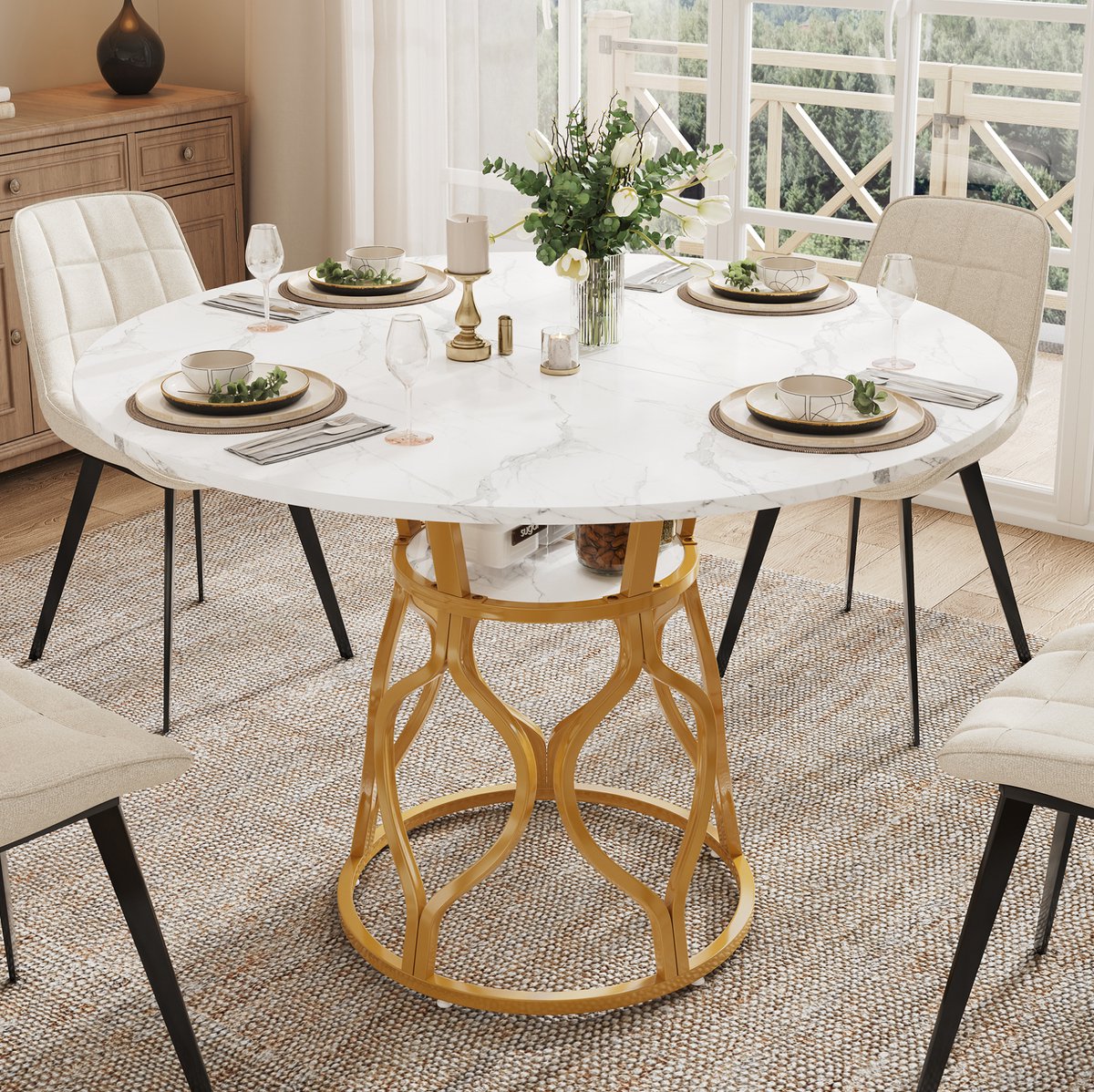 MODENUIT Eettafel - Ronde Tafel Met Opbergplank - Voor Keuken En Eetkamer - MDF Metaal Wit - 100x100x75 Cm