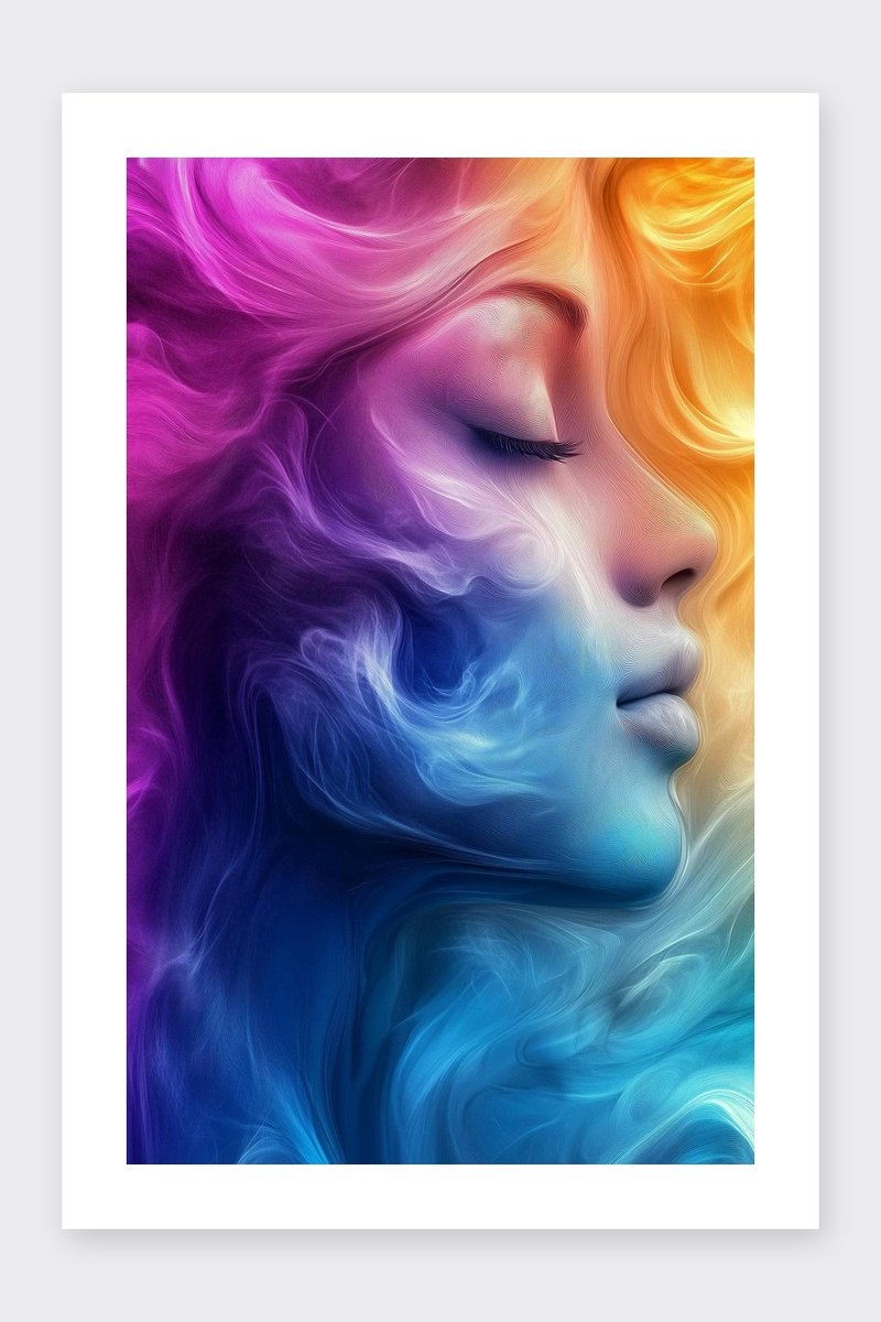 Vrouw Poster - Gezicht - Kleurrijk - Kunst - Portret - Expressief - Rook - posters - formaat 30x40cm - Wanddecoratie - BXS5416KMD - Met kader - passe-partouts stijl