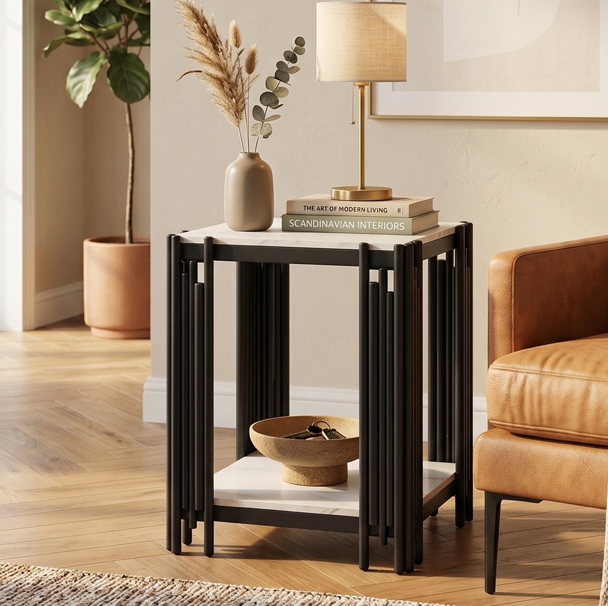 MODENUIT Bedtafel - 2 Lagen Met Marmereffect En Metalen Frame - Voor Slaapkamer En Hal - Zwart Wit - 55x43x40 Cm