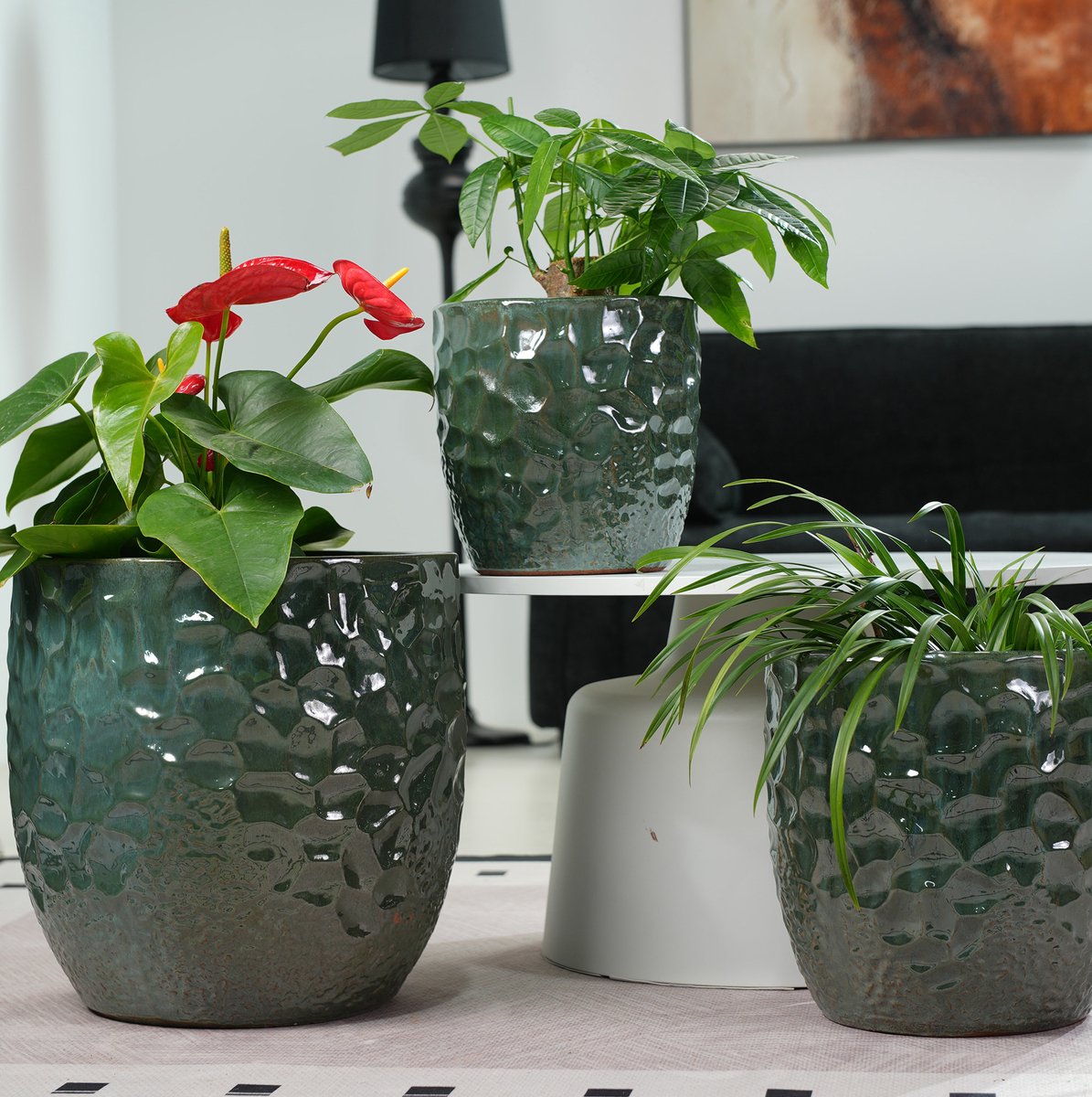 MIVRAY Bloempot – Glanzend Hammerschlag Reliëf – 30 Cm – Keramiek – Donkergroen – Voor Kruiden En Middelgrote Planten – Vorstbestendig