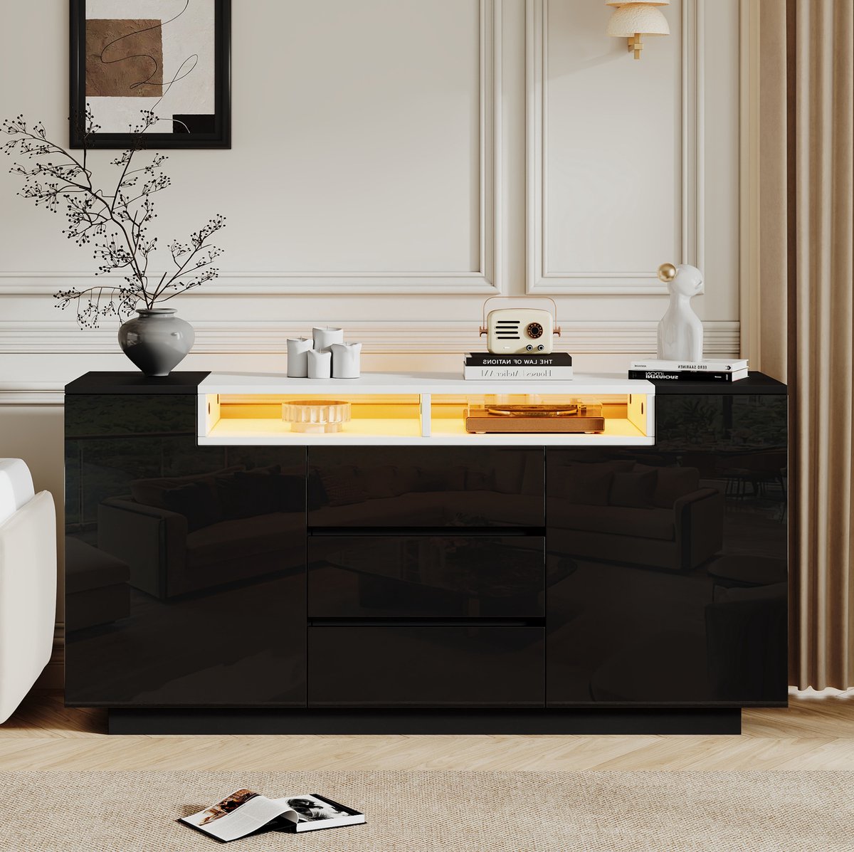 MODENUIT Dressoir - Hoogglans Met LED En 3 Lades - Woonkamer - Spaanplaat - Zwart - 140x40x68 Cm
