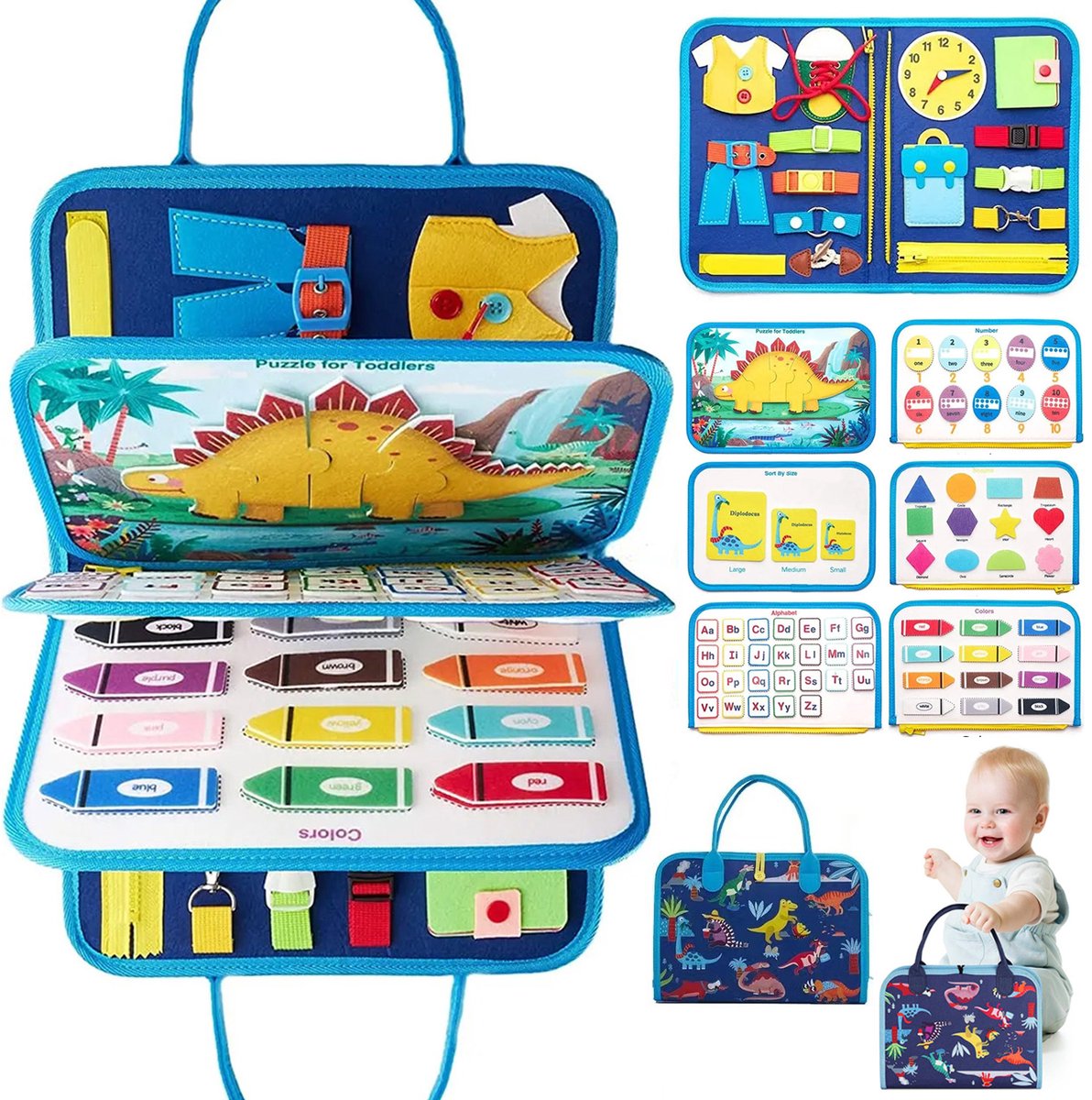 Montessori activiteitenboek - Montessori Busy Board - Dinosaurus Boek - Sensorisch Speelgoed 3 jaar - Educatief speelgoed meisjes speelgoed Jongens speelgoed - Reisspeelgoed Peuter speelgoed - Blauw, Dinosaurus