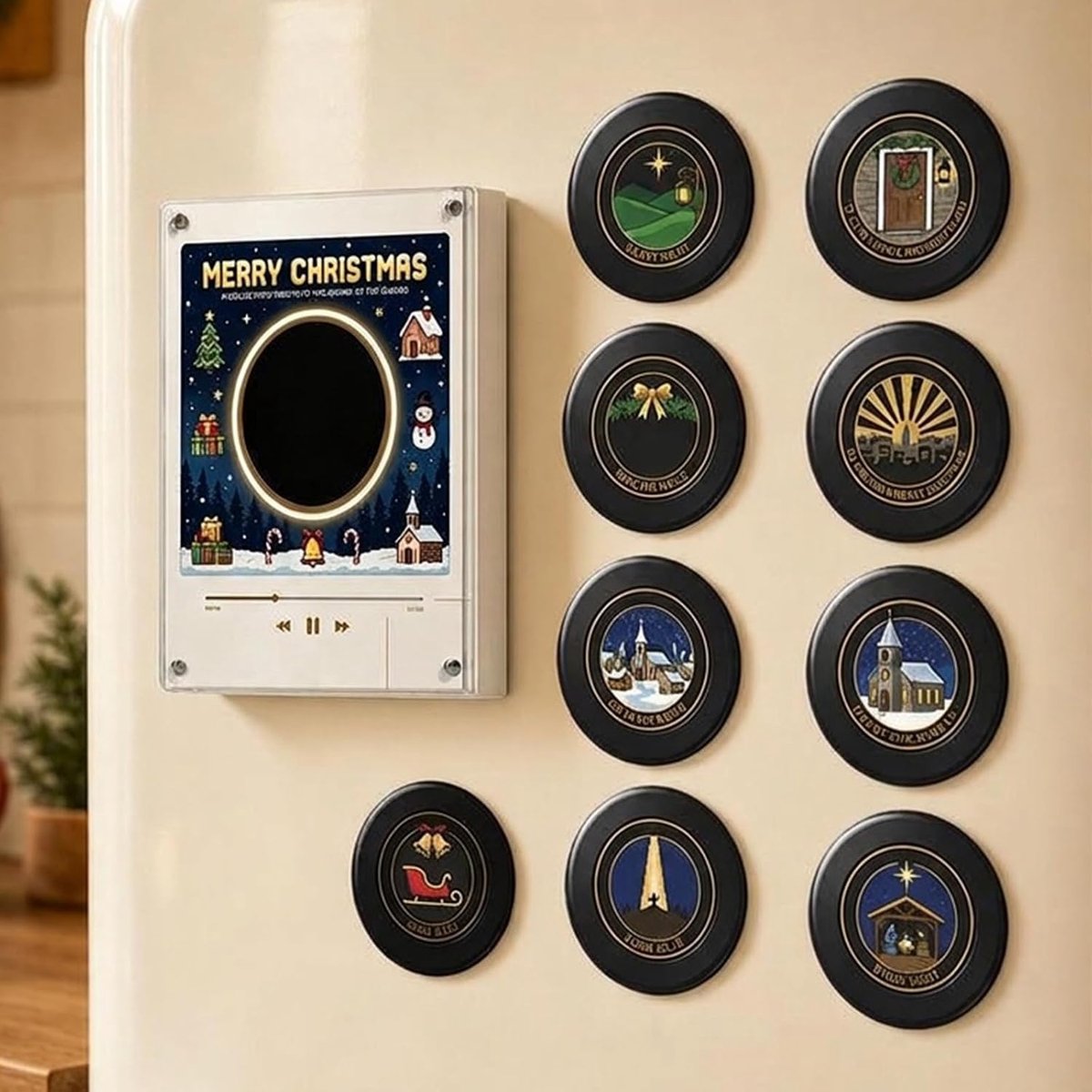Magnetische Kerst Muziekdoos voor Koelkast - Met 9 NFC Mini Vinylplaten - Kerst vinylspeler koelkastplaat NFC magnetische muziekdoos set - USB-C Oplaadbaar - Afspeelmogelijkheid Zonder Telefoon - Gepersonaliseerd Retro - TENGYIF®