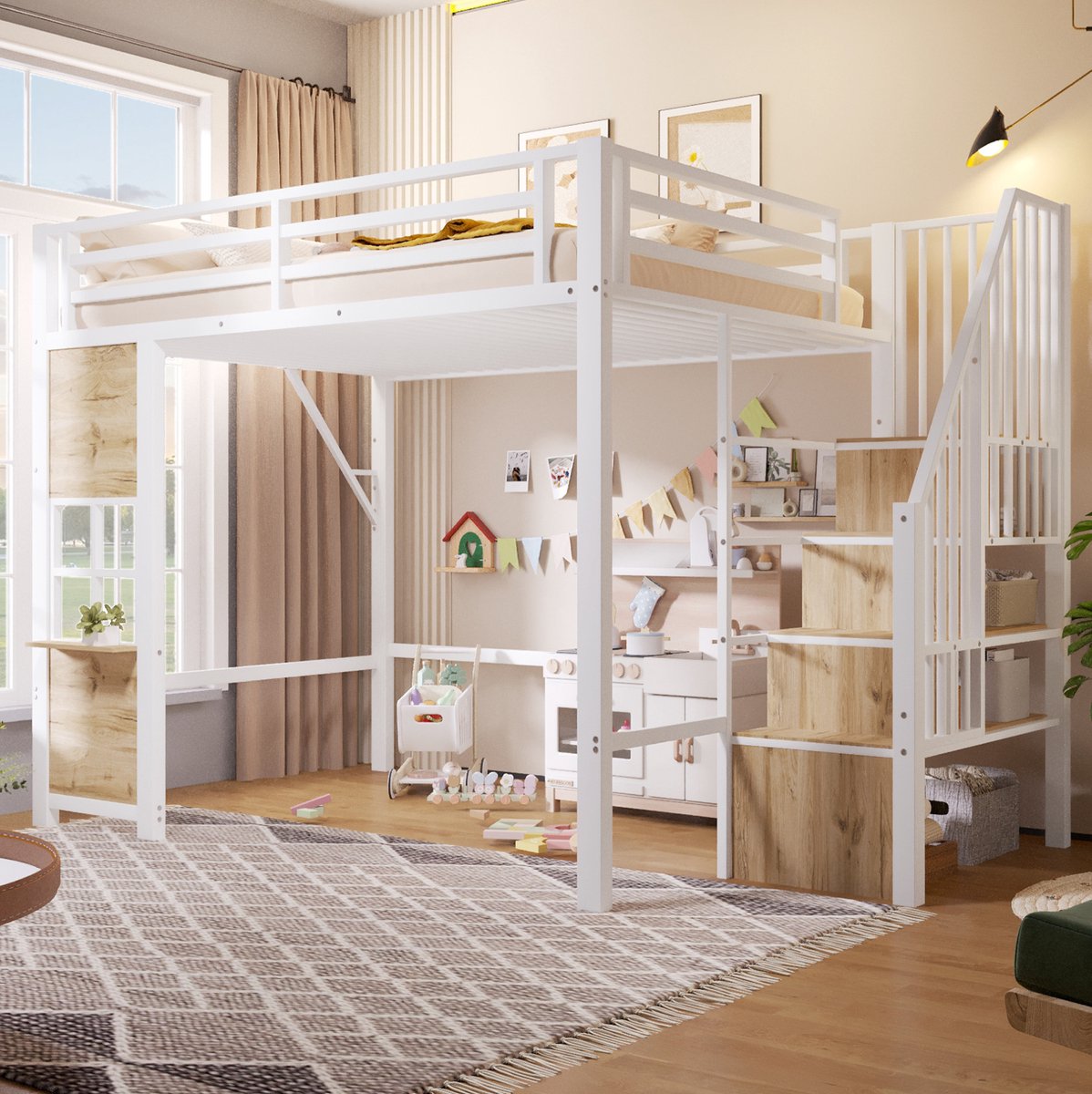 DESMIU Hoogslaper 140x200 cm – Opbergladder en Open Ruimte – Veiligheidshek en Zijrek – Kinderkamer – Metaal en MDF – Wit – Zonder matras