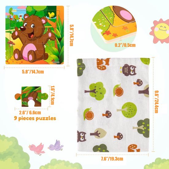 6 Stuks Houten Puzzel - Educatief Montessori-Speelgoed - Details Voor Kinderverjaardag En Kleuterschool - Houten Puzzels Met Dieren - Met opbergzak — afbeelding 5