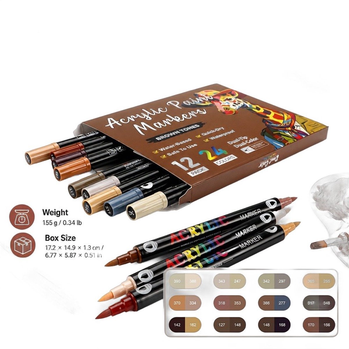 Currero Aquamarkers - Twinmarkers - Brushpennen - Stiften - Markeerstiften Op Waterbasis - Dual Tip - Tekenen En Kleuren - 12 Stuks - Art Marker Pen - Bruin