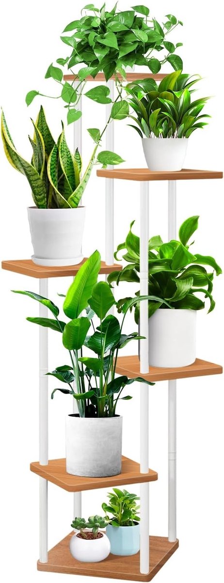 PolkaHome Houten plantenstandaard met metalen frame - 6 niveaus - wit