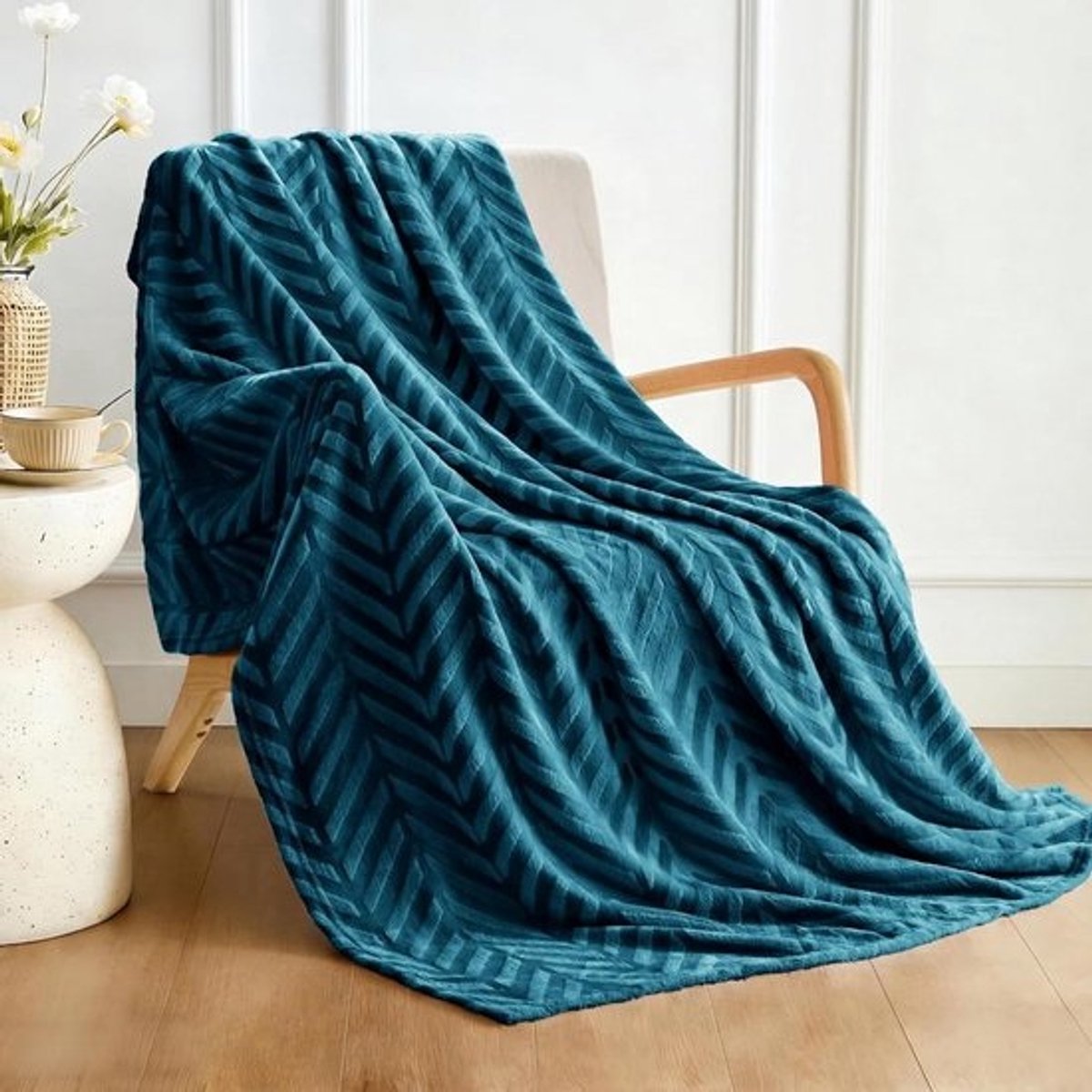 Flanellen Fleece Deken - Zachte Plaid - Bank Decoratie - Decoratief Chevronpatroon - 130 x 150 cm - Groenblauw