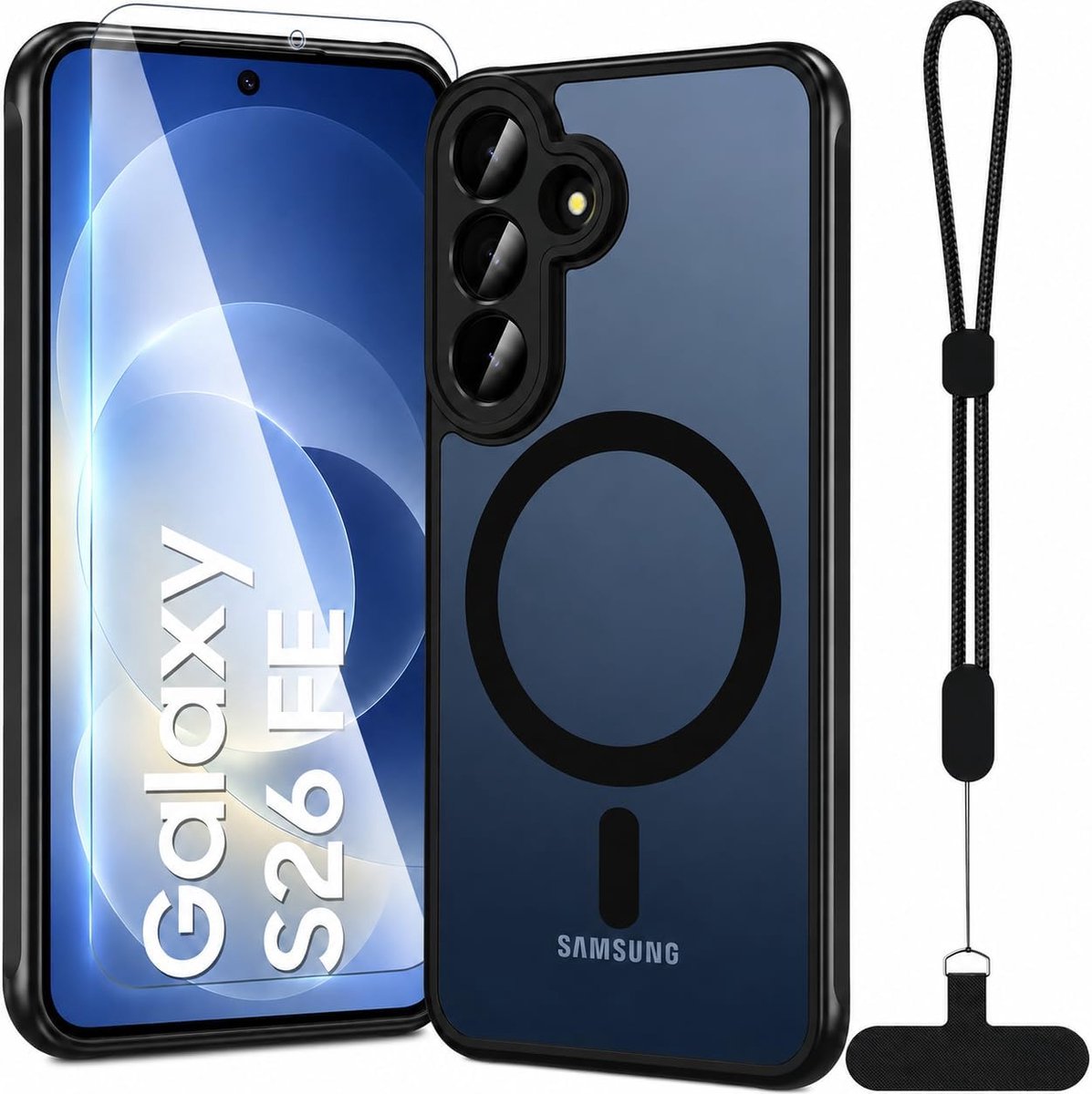 Zandarix Hoesje Geschikt voor Samsung Galaxy S26 FE - 1x Screenprotector - Militaire Kwaliteit - Polsbandje - Geschikt voor Mag - Back Cover Hoesje - Zwart