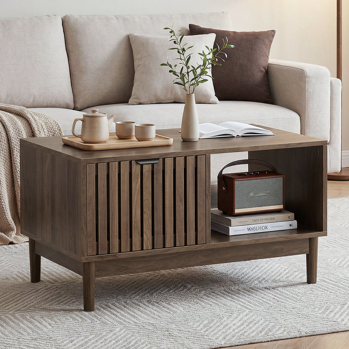 MODFU - Salontafel - Rechthoekig - Retro Vintage - Met Lade - Walnoot - MDF