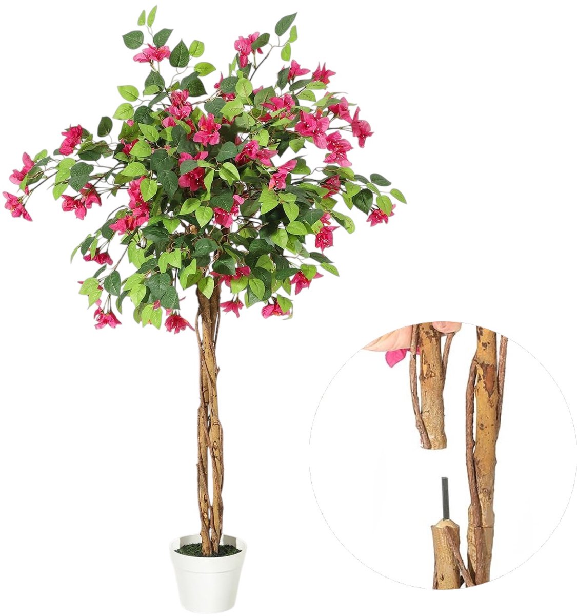 Danky Kunstmatige bougainvillea - Houten stam - UV-bestendig - Geschikt voor binnen en buiten - Ideaal voor woonkamers, kantoren en entrees - Roze bloemen, 122 cm