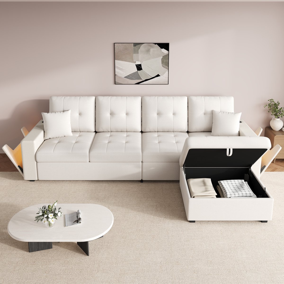 4-zits zitbank - 253 x 144,5 x 80,7 cm - met schuimvulling - met opbergruimte - modulair samen te stellen - met ledverlichting - met USB-aansluiting