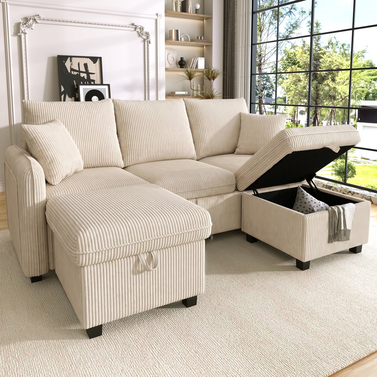 U-bank - 188 x 186 x 86 cm - met schuimvulling - met slaapfunctie - met opbergruimte - modulair samen te stellen - inclusief kussens - Beige