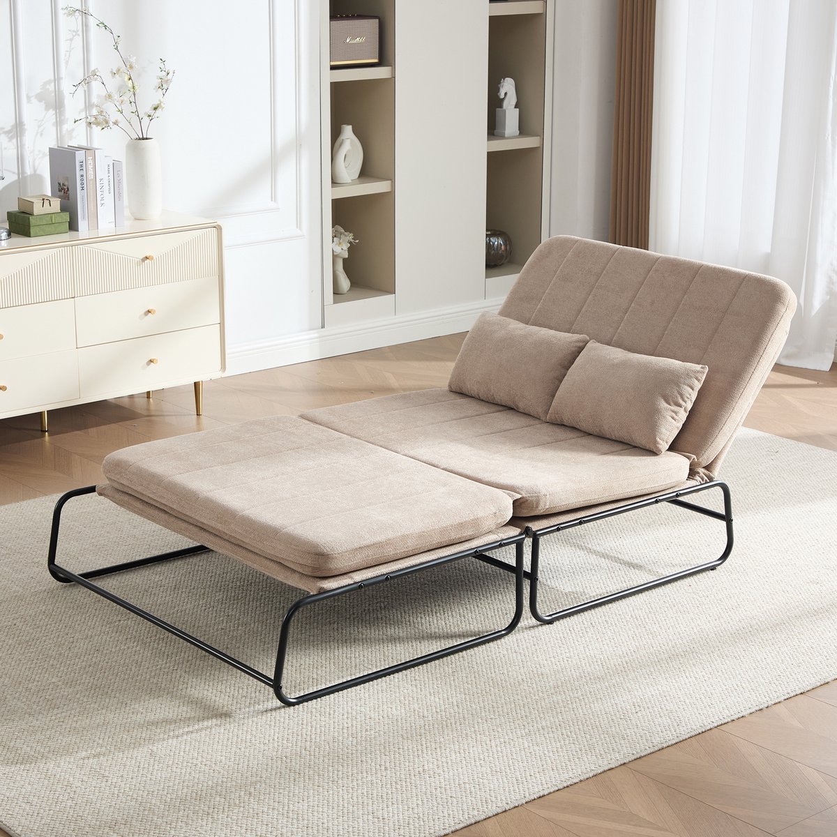 1-zits slaapbank - 104 x 85 x 92 cm - chenille bekleding - met slaapfunctie - met opbergruimte - inclusief kussens - met metalen frame - Kaki