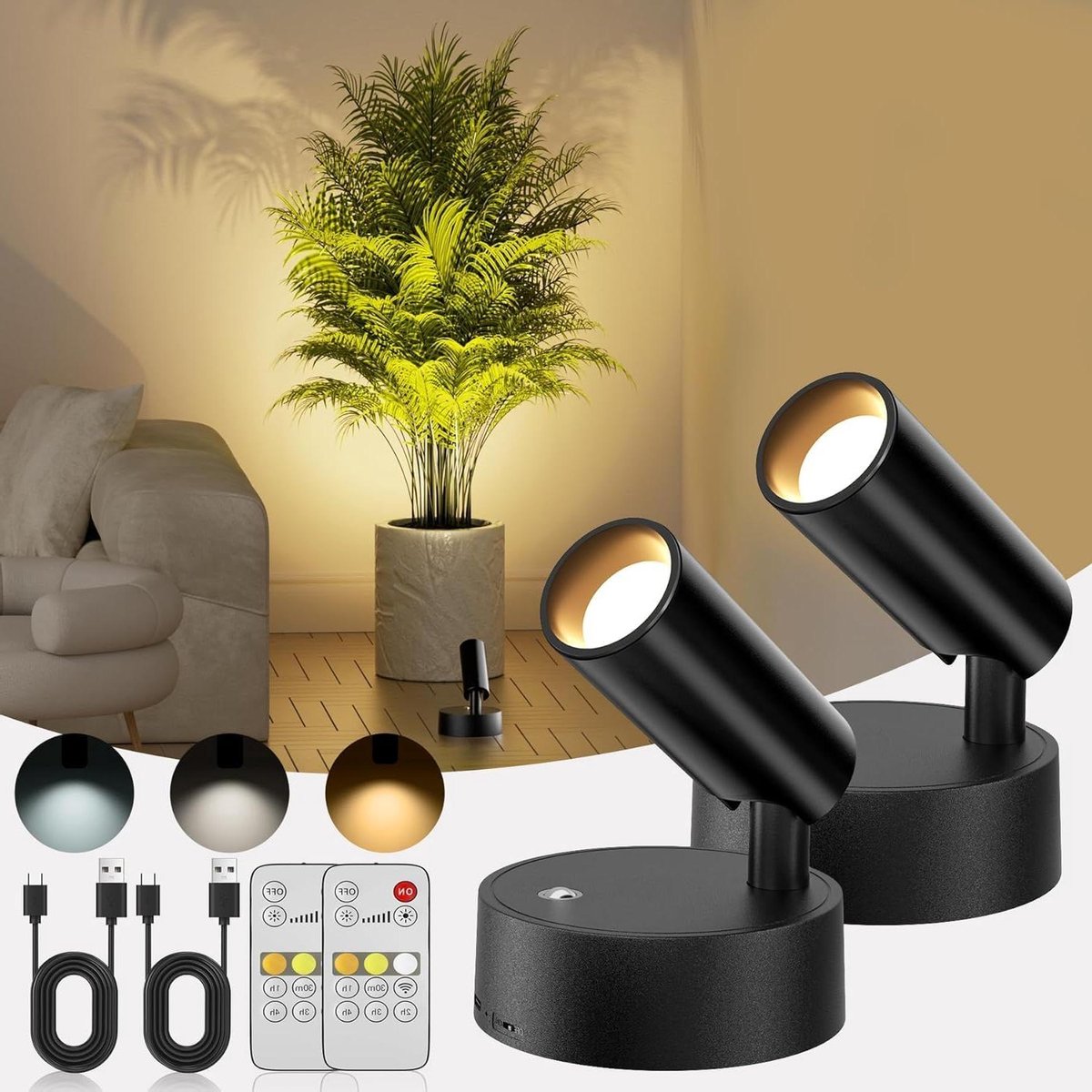 Accu Wandlamp Set - Draadloze Spotjes - Accentverlichting Binnen - 3 Kleuren Instelbaar - 2 stuks - Wit