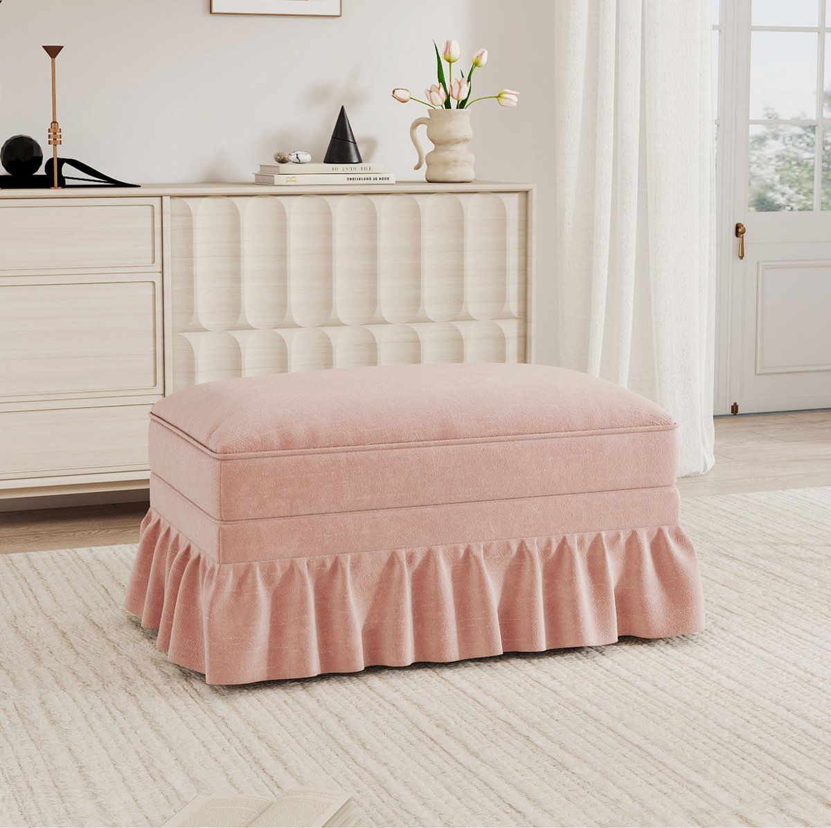 REDOM - Hocker - Afneembare plooienrok - Gestoffeerd chenille oppervlak - Hoge dichtheid schuimvulling - Voor binnen - Chenille - Roze - 90 x 56,6 x 49 cm
