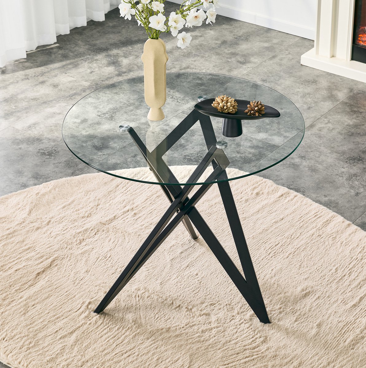 MODENUIT Salontafel - Ronde Glasplaat Met Geometrisch Onderstel - Woonkamer - Glas Metaal - Ø85 Cm - Zwart