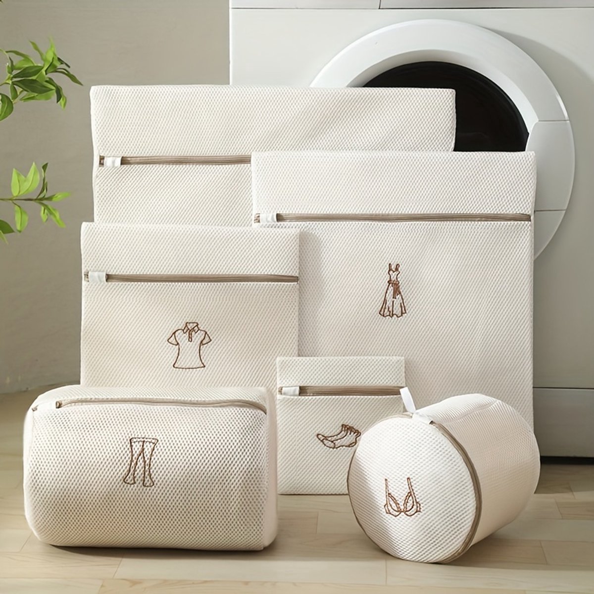 casalora - 6-delig Waszakken - Set voor de Wasmachine - Bescherming voor wasgoed - Ademende Mesh - Voor Kleding, Sok en Lingerie - Herbruikbaar - Groot met Rits - Beige