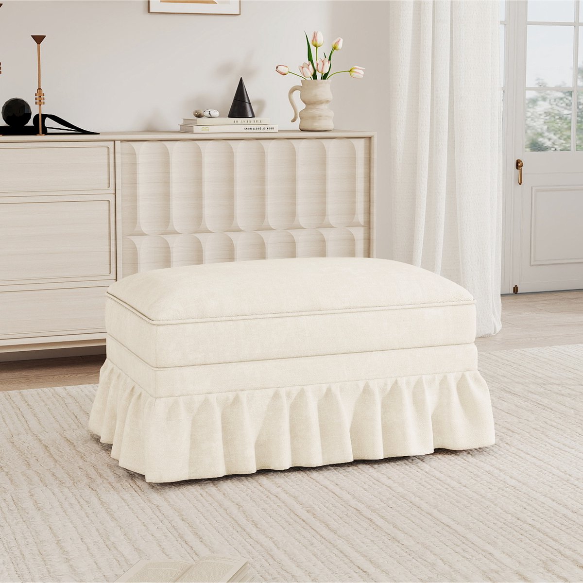 REDOM - Hocker - Chenille bekleding - Afneembaar rokje - Gestoffeerde zitting - Woonkamer - Stof - Wit - 90 x 56,6 x 49 cm