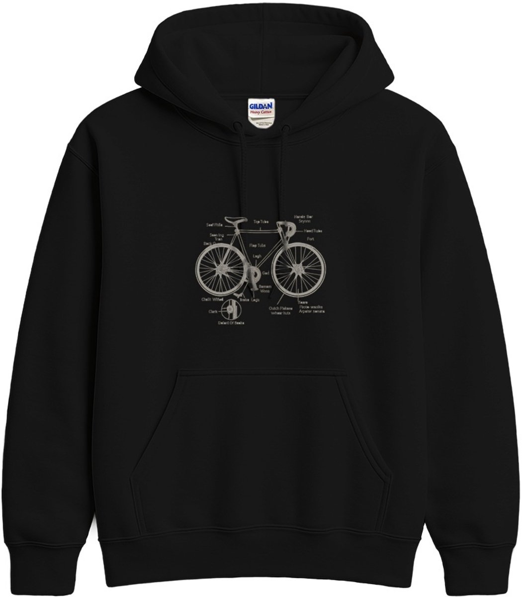 Fiets Hoodie – Technische Tekeningen van Fietsonderdelen – Fiets Outfit – Unisex Hoodie voor Dames & Heren – Origineel Cadeau