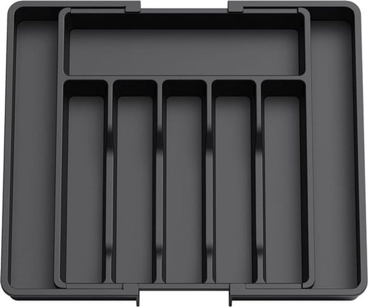 Besteklade, uitschuifbare besteklade, zwart, verstelbaar lade-opbergrek, onmisbaar keukenaccessoire, compacte plastic opbergdoos.