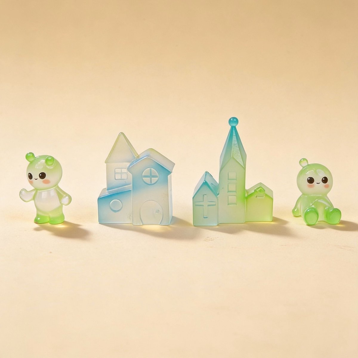 Glow village - Decoratief miniatuur dorp - Glow in the dark - 4 stuks - ↑ 3 -5 cm