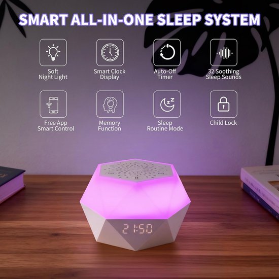 Witruismachine met Licht - Geluidsmachine met 32 Kalmerende Geluiden en App-afstandsbediening - Timer - Witruismachine voor Volwassenen en Baby’s - Slaapkamer en Cadeau — afbeelding 2