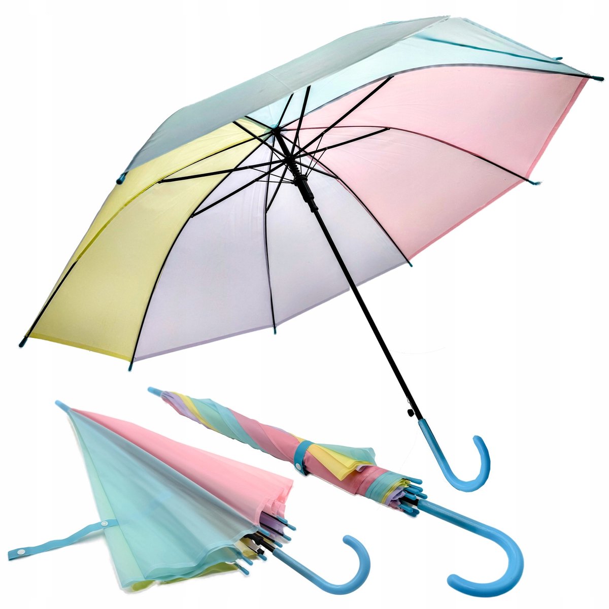 Pastel Regenboog Kinderparaplu met Blauwe J-Handgreep