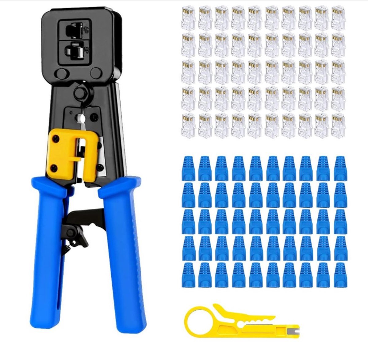 Ethernet RJ45 krimptangset - adereindhulstang - met ratelmechanisme - voor RJ11, RJ12 & RJ45 doorsteekmontage connectoren - met 50 stuks Cat6 doorvoerconnectoren, 50 stuks afdekkingen, draadstripper - doorvoer Cat5 Cat5e Cat6 Krimptangen