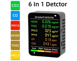 ECTEATOY® 6-in-1 Luchtkwaliteitsmonitor – CO2, PM2.5 & TVOC Meter – Met NDIR Lasersensor & Alarm – Draagbaar – Zwart