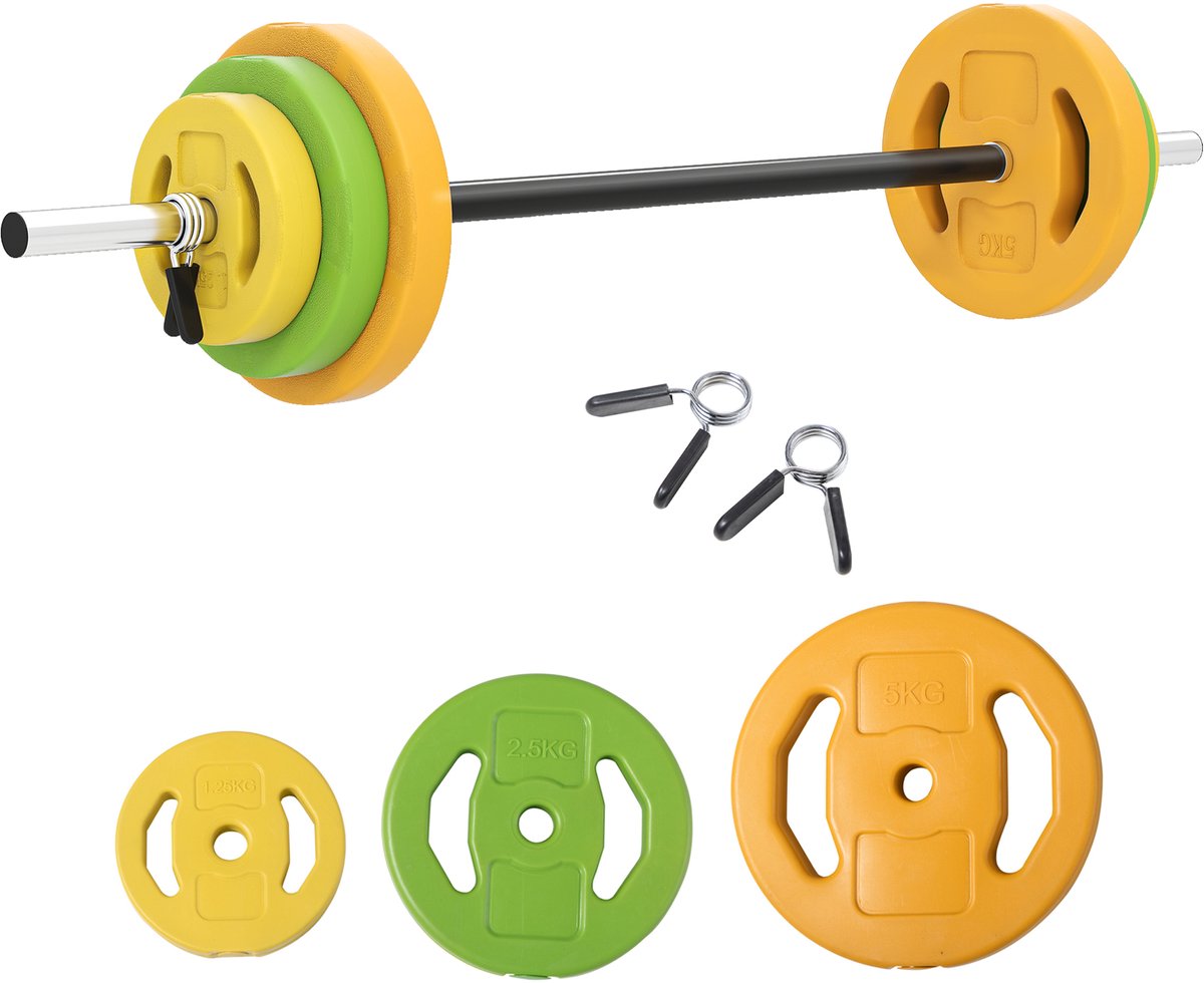 Aerobic Pump Gewichtenset 20kg - Halterset met Bevat 6 halterschijven van 1,5 kg, 2,5 kg en 5 kg, Oranje-groen-gele kleurencombinatie