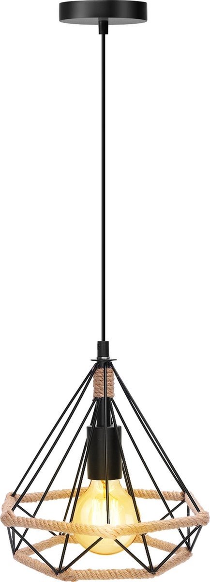 Hanglamp retro zwart ijzeren frame met hennep touw decoratie E27 lamp exclusief