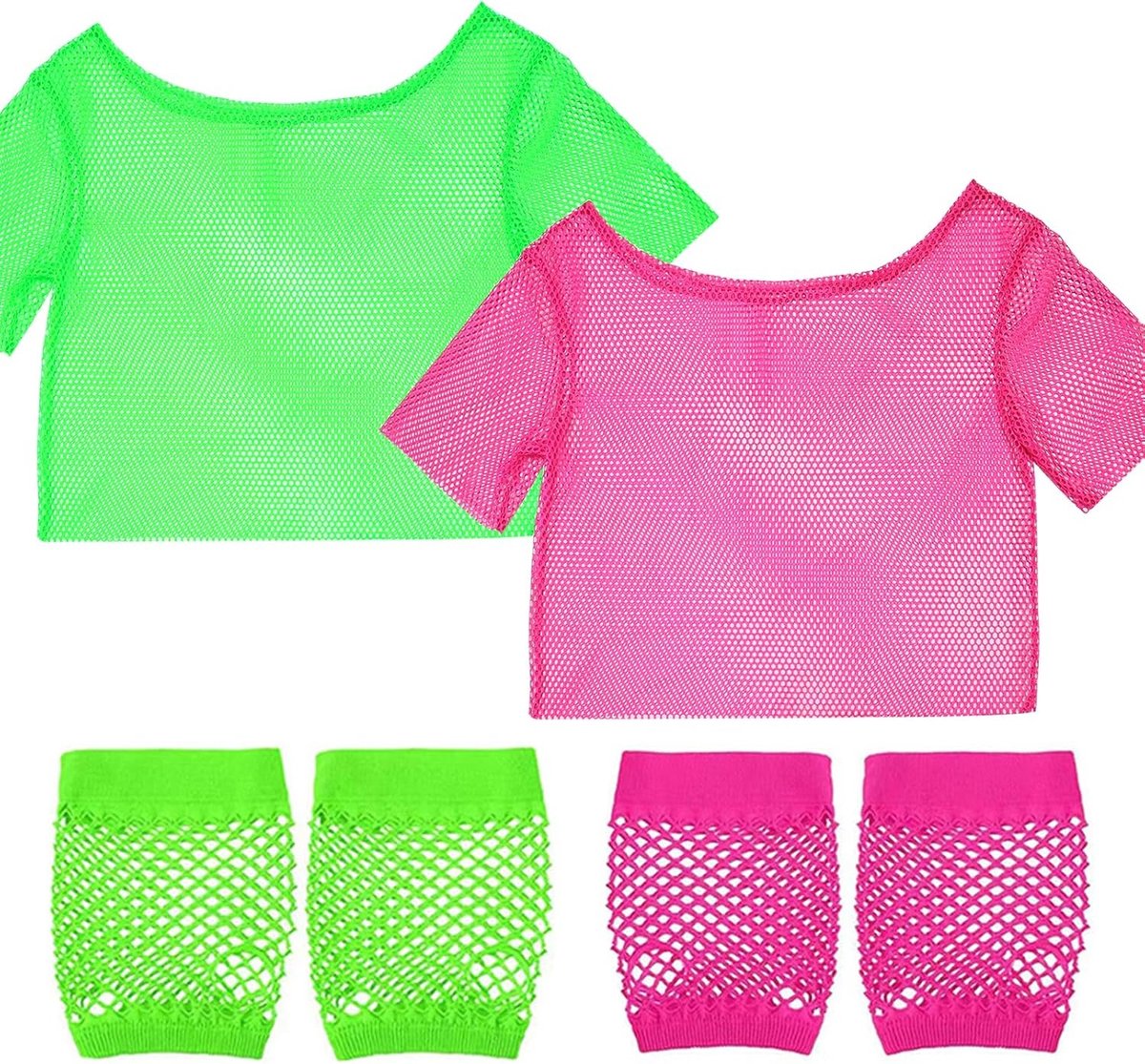 Jaren '80 en '90 retro outfit voor dames, off-shoulder netshirt, neon top, nethemd, eenheidsmaat, met 2 paar handschoenen, ideaal voor verjaardag, cosplay en carnavalskostuum