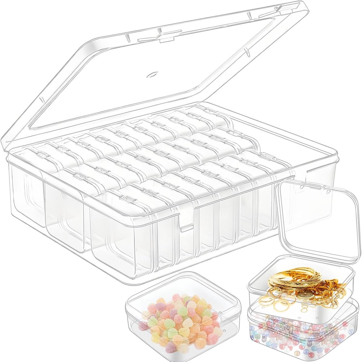 Set van 30 transparante opbergdozen met deksel voor pillen, sieraden en kleine onderdelen