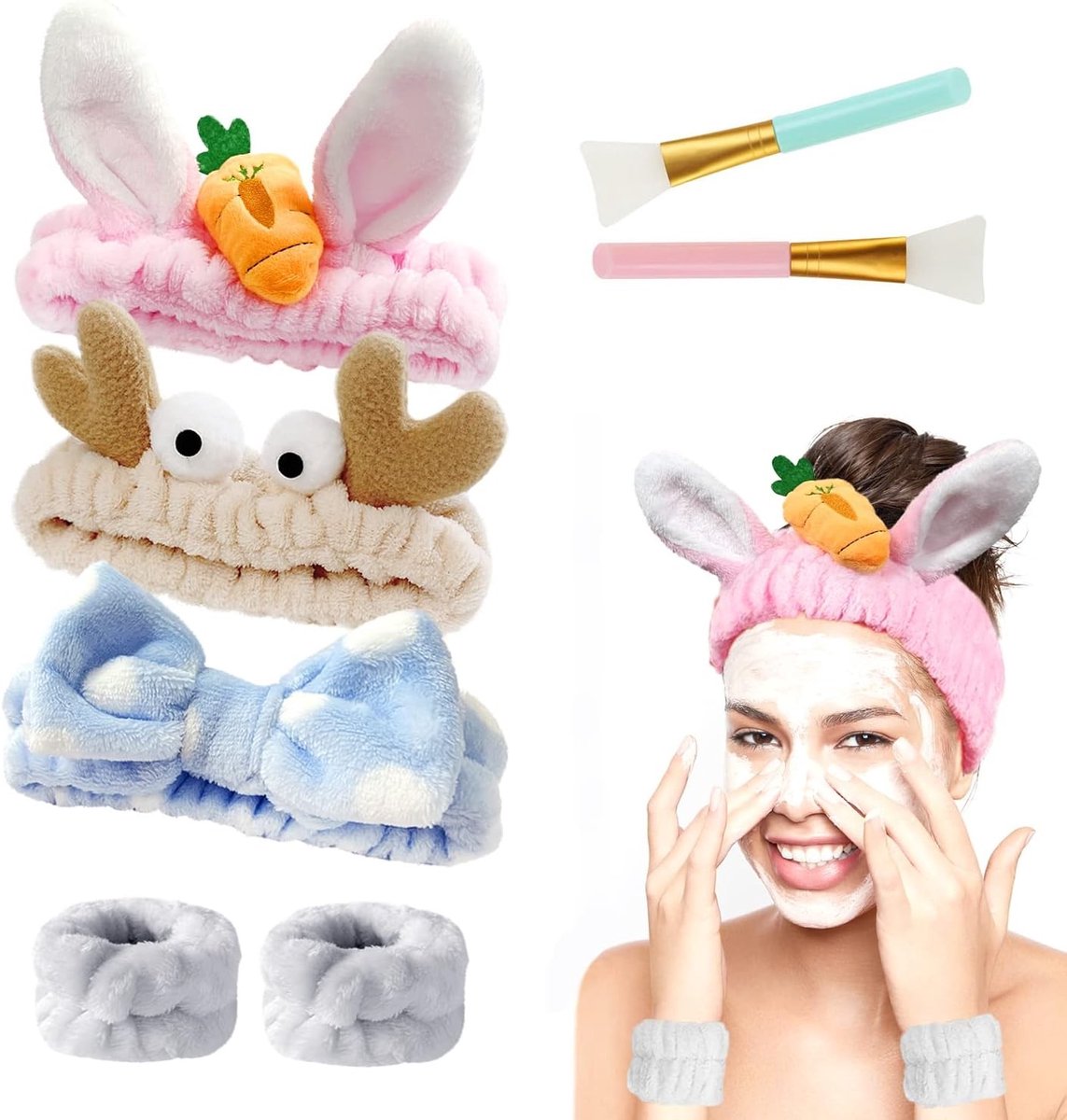 Zachte en elastische pluche haarband met bijpassende pluche armbanden en siliconen maskerkwasten voor een comfortabele make-upervaring