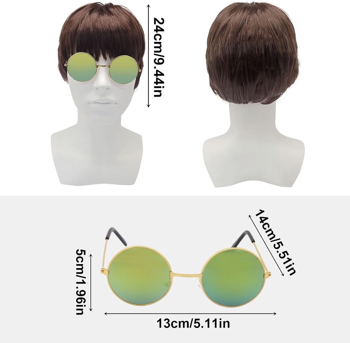 Britpop pruiken en ronde brillen voor mannen, kostuumaccessoires voor 90s en 60s filmkarakters, set van 2