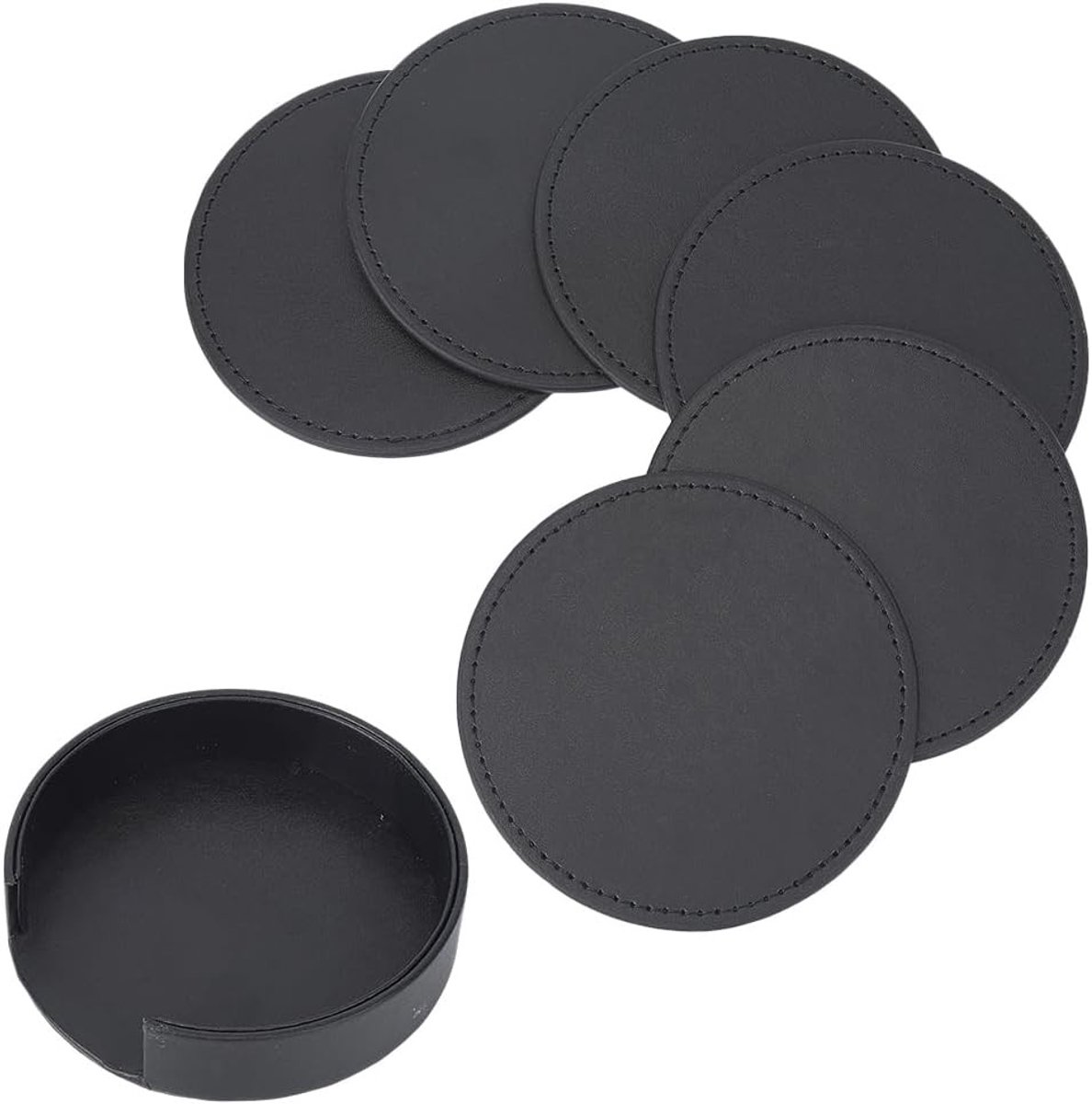 Set van 6 ronde leren onderzetters van 10 cm voor drankjes - Zwarte, hittebestendige, antislip tafelmatten met vlekbescherming en isolatie