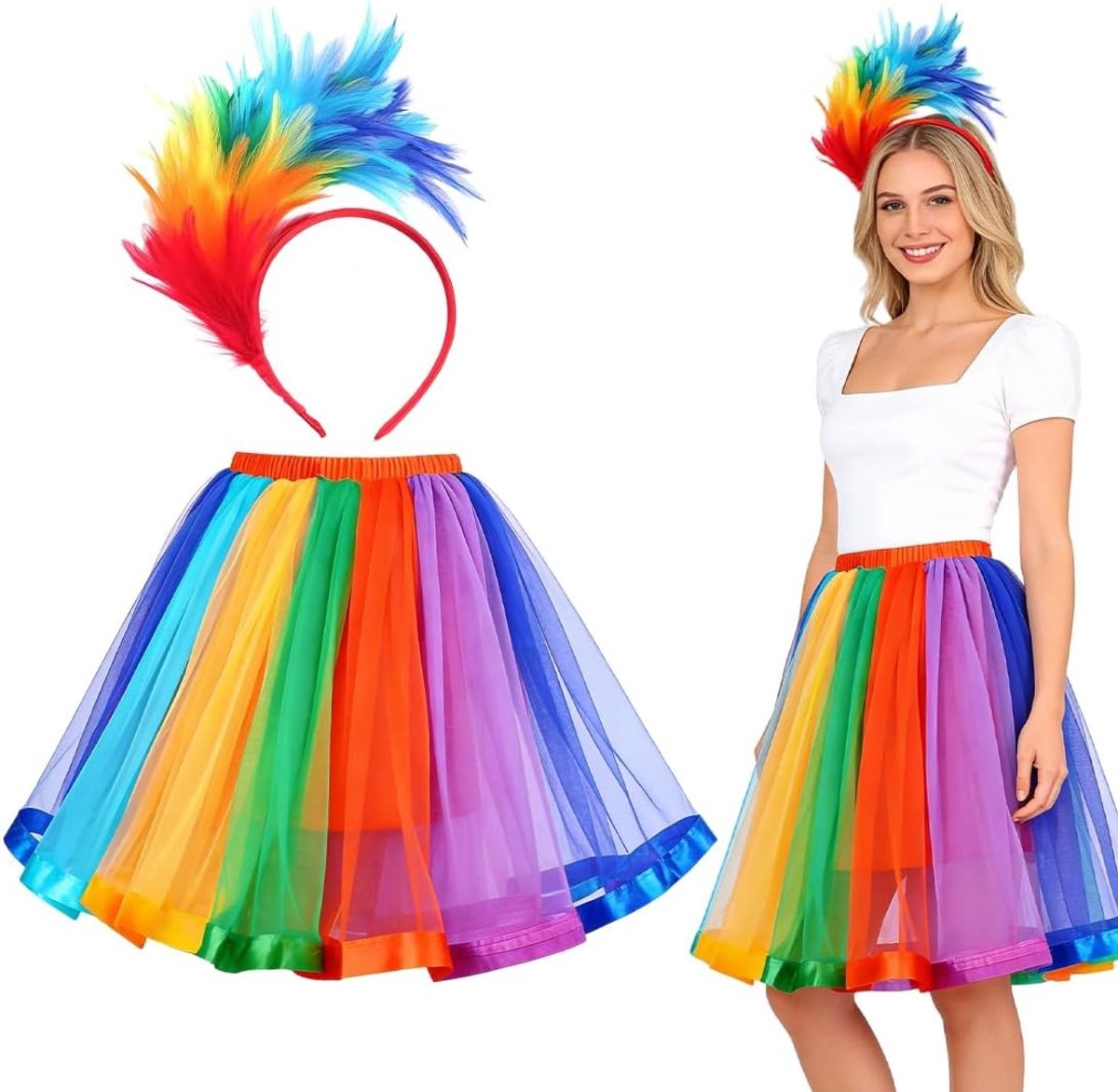 Kleurrijk Tulle Rok voor Vrouwen met Veer Hoofdband - Perfect voor Carnaval en Halloween Feestjes