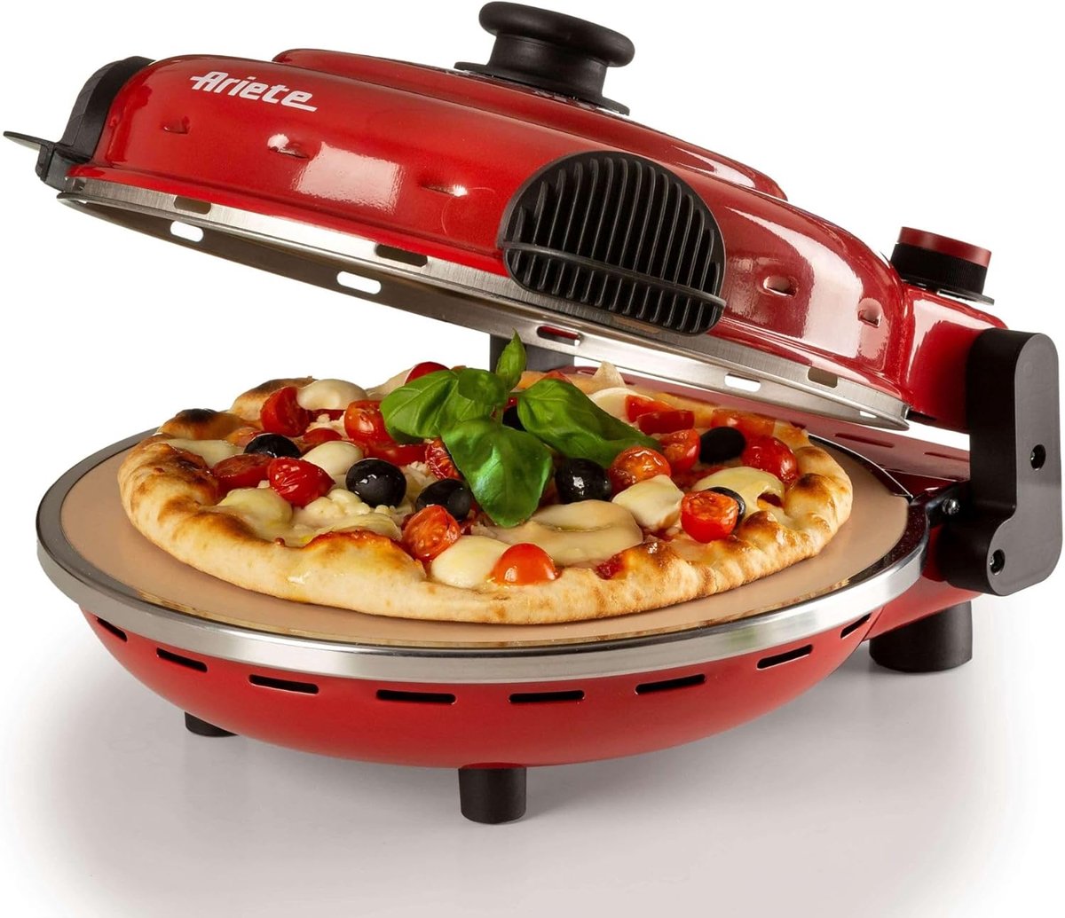 Elektrische Pizzaoven 1200W - Pizzamaker tot 400°C met 5 Bakstanden - Pizza in ca. 4 Minuten - Met Antiaanbakplaat en Houten Pizzascheppen - Rood