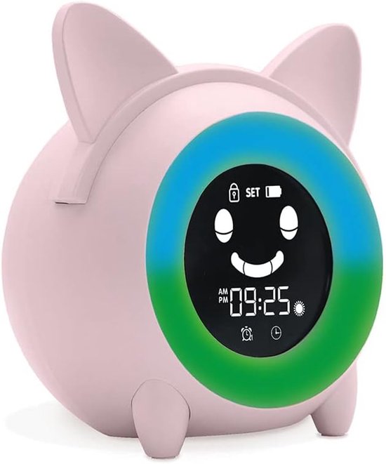 Kinderwekker Nachtlamp - Educatieve Klok - Kinderen Leren Slapen - Licht en Gezichtsuitdrukkingen - 12.5 cm Hoog - Roze — afbeelding 5