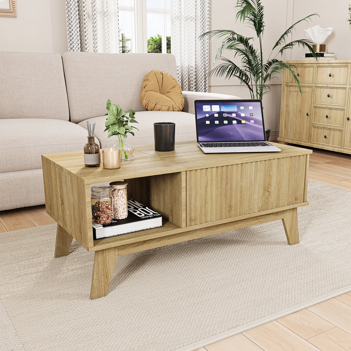 Yelenaro Rechthoekige Salontafel met Hefmechanisme en Opbergruimte, Minimalistisch ontworpen salontafel, multifunctionele tafel voor woonkamer en thuiskantoor, houtkleur houtkleur Hef- en daalmodel