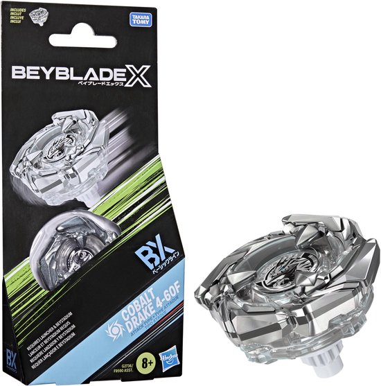 Beyblade X Cobalt Drake 4-60F verpakking met twee zilveren Beyblades, één los.
