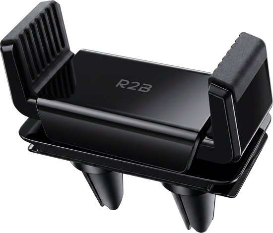 Zwarte R2B telefoonhouder met klemmen voor ventilatierooster.