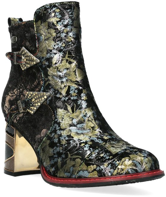 Zwarte laars met gouden, blauwe en groene bloemenprint, gouden blokhak, strikjes en gespjes.